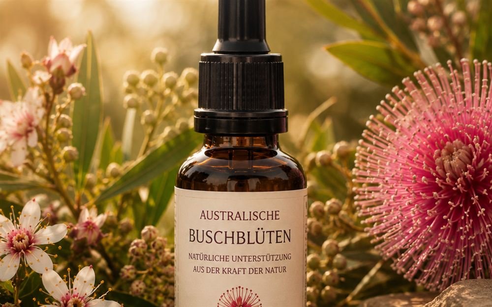 Braunglasflasche mit australischer Buschblütenessenz, umgeben von blühenden Zweigen